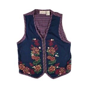 Casey & Max Vest Women's M Floral Embroidered Plaid Primitive Granny Cottage 90s